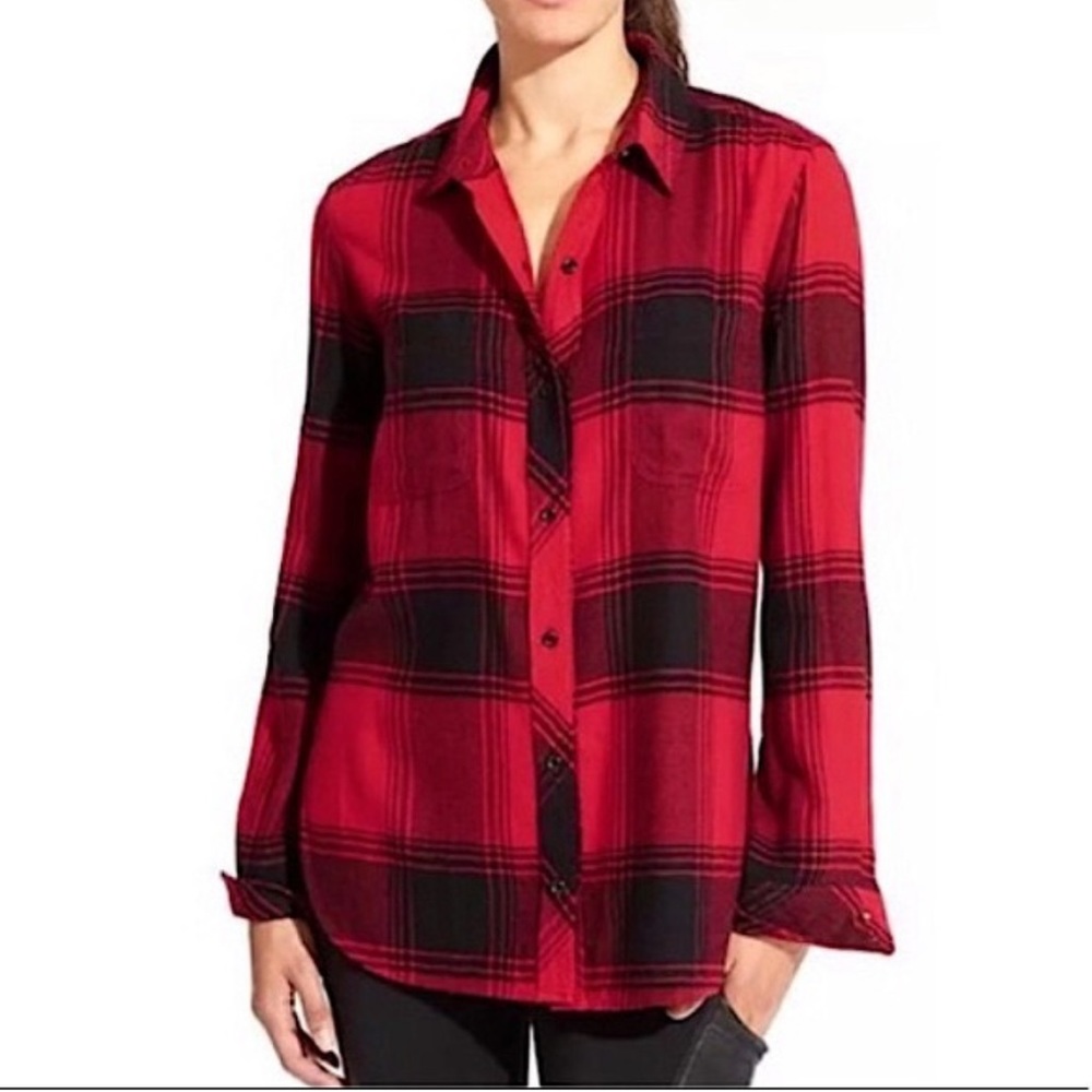 Athleta Red and Black Plaid Button-Down Shirt